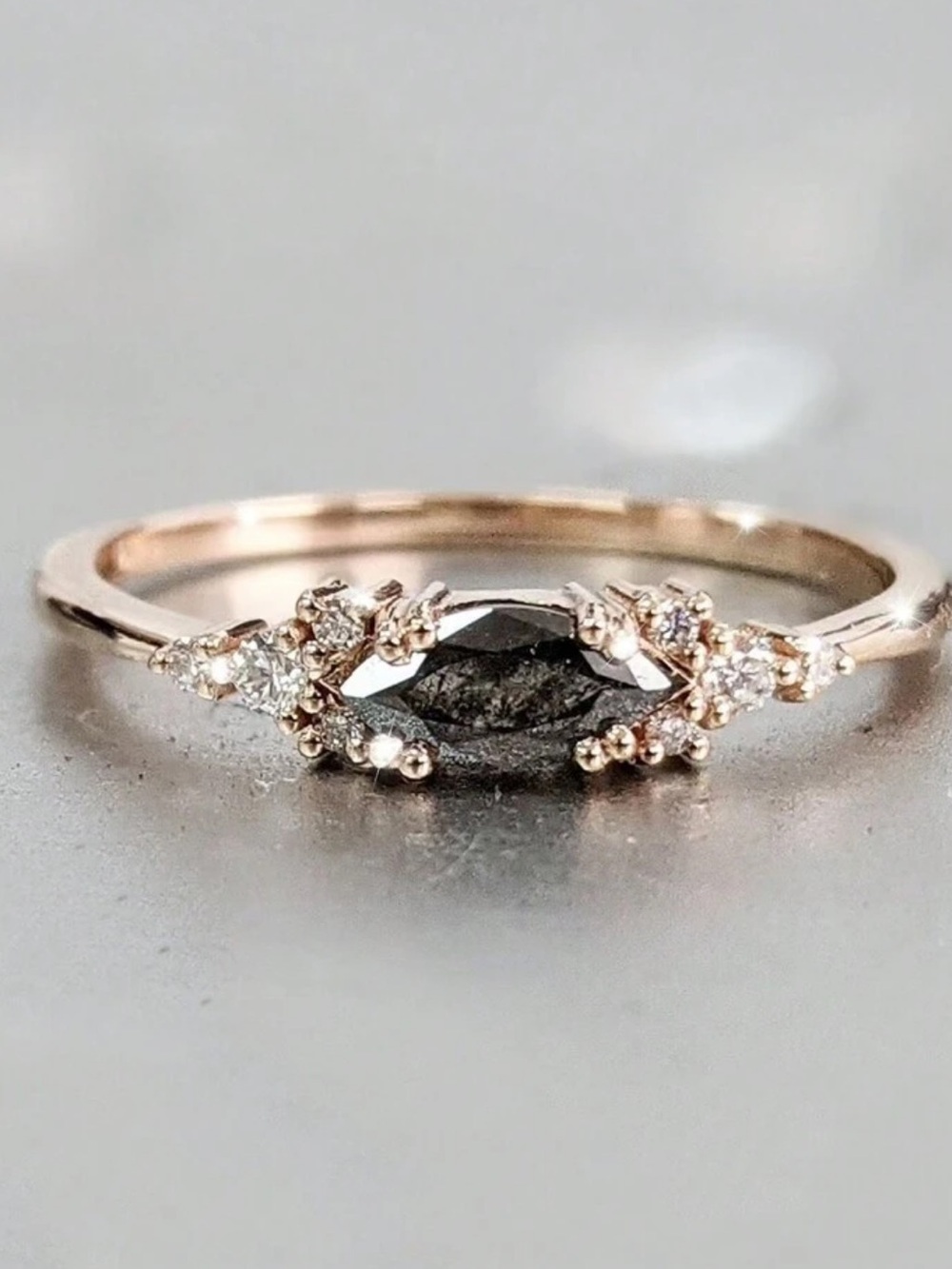 Delicate Gold Tone Ring with Grey Marquise Stone and White Accents SIZE 8